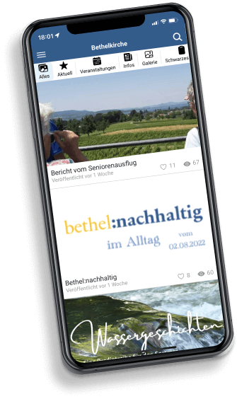 Das Bild zeigt ein Smartphone auf dem die Bethelkirchen App dargestellt ist.